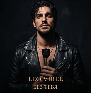 Portrait of man in black leather jacket holding a dark tulip for Leo Virel music cover.