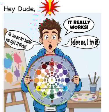 A surprised boy holds a detailed color wheel diagram in an art studio with an easel and palette.
