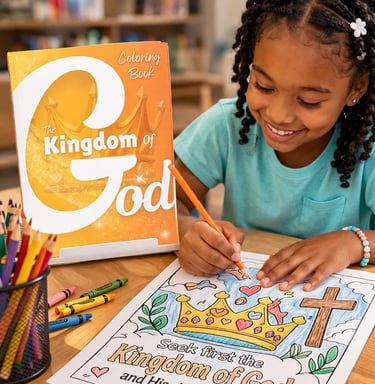 A young girl colors a page from The Kingdom of God Christian coloring book.