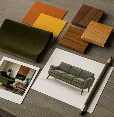 Mood board for custom Mid-Century sofa including sketches, fabrics, and color samples