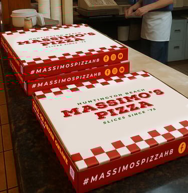 Massimo’s Pizza rebrand packaging with red and white checkered pizza