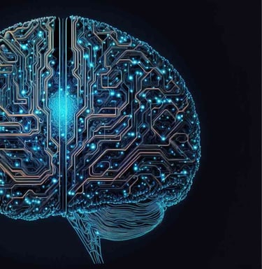 A drawing of human brain with circuitry patterns superimposed, highlighting AI and neural networks.