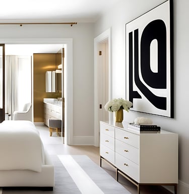a bedroom with a bed, dresser, and a mirror