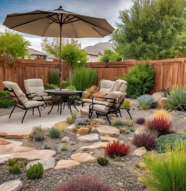 Xeriscape Fenced Backyard with eco friendly plants, rocks and patio