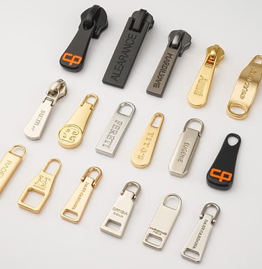 A collection of sleek and metallic custom zipper pullers, fully customizable by King Fly.