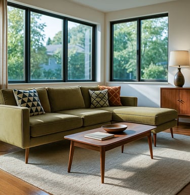 Mid-Century Modern living room with mustard sofa, chaise, walnut furniture, and large sunlit windows