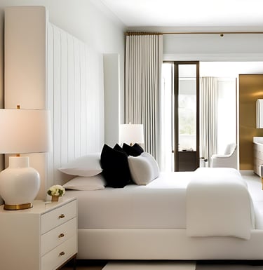 a bedroom with a bed, dresser, and a mirror