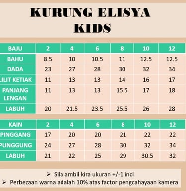 Ukuran Kurung Elisya Kids