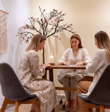 three women sitting at a table with candles and candles