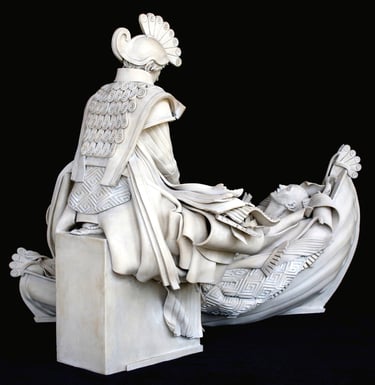 Small ceramic sculpture of armored daughter releasing her mother's body on elaborate funeral boat; back side view.