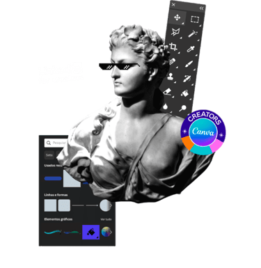 estátua grega com óculos escuros e menus de design do photoshop e do canva