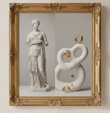 Joyería de oro y una estatua griega dentro de un marco ornamentado sobre una estantería minimalista