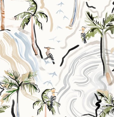 Design de superfície têxtil de estampa tropical com coqueiros, pássaros e pinceladas orgânicas