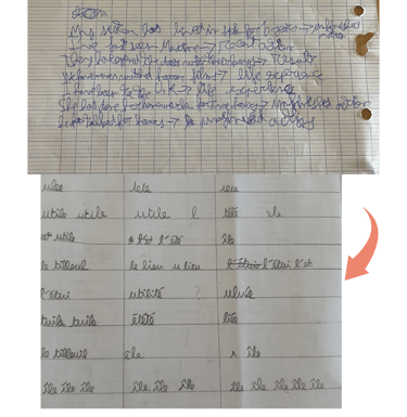 élève de quatrième, des premiers mots lisibles dès la 2ème séance