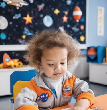Enfant des Astro'Mômes jouant dans la crèche (micro-crèche Isles-lès-Villenoy) en tenue d'astronaute