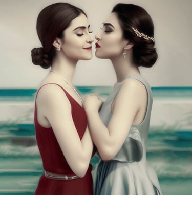 two women standing next to each other in front of a beach