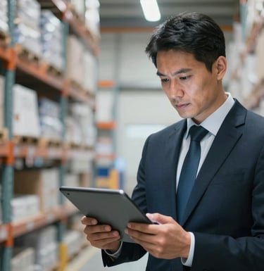 A professional executive in a dark navy suit reviewing logistics data on a tablet inside a clean, modern, and brightly lit warehouse. Soft blue highlights in the background.