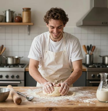 A cheerful local baker kneading dough on a wooden counter, warm cozy kitchen setting in Berlin, rustic baking tools, natural daylight, authentic photography, Central European / German / Berlin