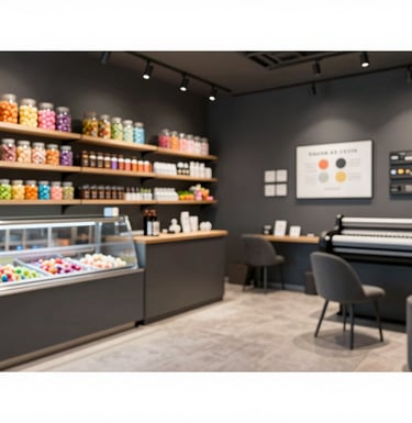 The interior of a modern, stylish shop in Zaragoza. To one side, vibrant jars of candy and an ice cream station; to the other, a professional printing and design area. Clean lines, charcoal grey furniture, and bright accent lighting.