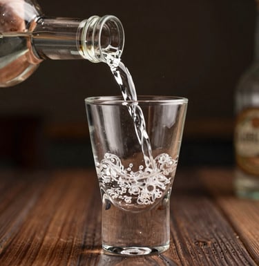A refined South American scene showing the pouring of a clear artisanal spirit into a delicate glass, focused on the liquid motion and the craftsmanship of the glassware.