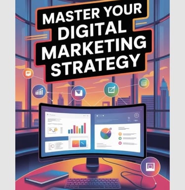 Digital marketing strategy illustration showing analytics dashboard, social media icons, etc..