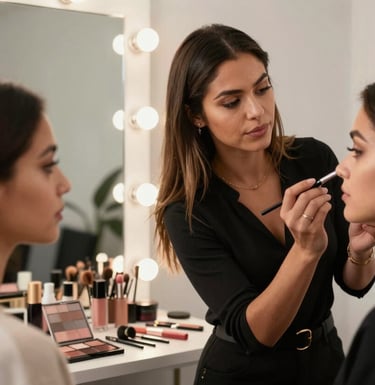 A professional female makeup instructor of North American / NYC Hispanic background demonstrating a technique on a student in a modern, elegant studio classroom. Soft lighting, high-end cosmetics visible, sophisticated atmosphere.