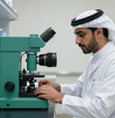 Photography of a professional in a modern Middle Eastern / Yemeni laboratory, wearing a white coat, with deep emerald green equipment accents and clean midnight blue furniture.