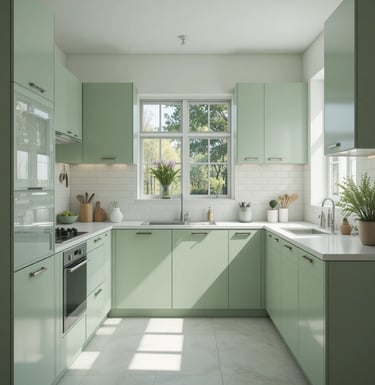 cocina pequeña en verde salvia con diseño moderno y luminoso