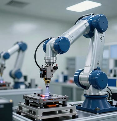 A high-precision robotic arm performing an assembly task in a clean East Asian manufacturing plant. Steel blue reflections on the arm, professional industrial photography with a focused depth of field.