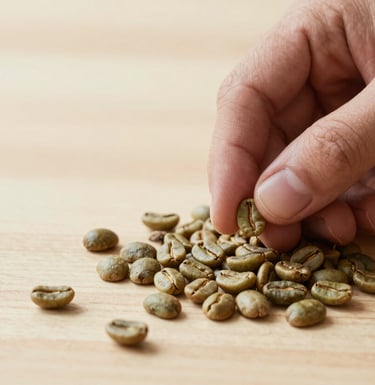 A minimalist, high-end close-up of green coffee beans being sorted by hand on a light wooden surface. Clean, professional composition with neutral lighting.