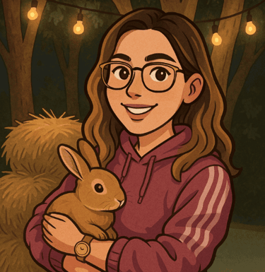 Ilustración digital de una mujer sonriente con gafas que sostiene un conejo mascota en un jardín con