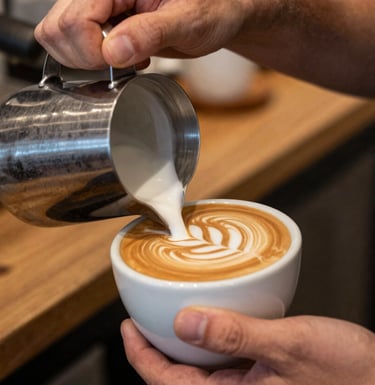 A close-up of a barista's hands carefully pouring steamed milk into a cup of coffee to create intricate latte art, focused and artistic, in a warm brown and beige North American / US coffee shop setting.