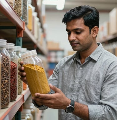 A professional portrait of a South Asian export manager in a clean warehouse environment, inspecting high-quality spices in transparent containers. The mood is confident and trustworthy.