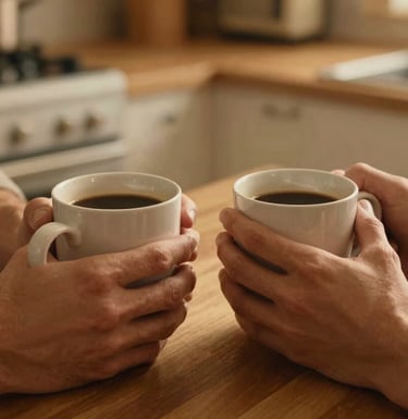 A close up lifestyle photograph of two people sitting together in a warm kitchen, hands wrapped around mugs of coffee. North American setting. Shallow depth of field, warm gold light, focusing on the human connection.