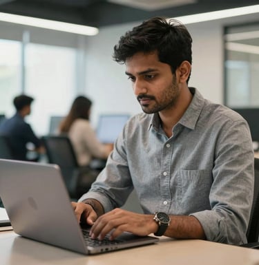 A professional sitting in a modern, bright South Asian / Global office, working intently on a laptop, with a blurred background suggesting a productive and innovative startup environment.