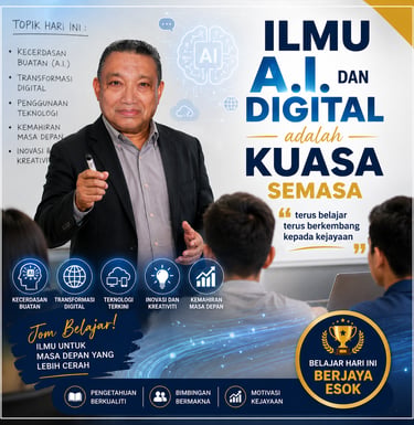 A male educator teaching an AI and digital transformation seminar with Indonesian text overlays.