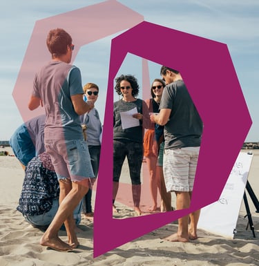 A group of diverse people gathering on a sunny beach for a relational sensemaking experience