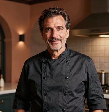 A sophisticated portrait of a mature chef with a warm, experienced gaze, dressed in a contemporary dark culinary tunic, standing in a modern kitchen with Southern European architectural details. Warm charcoal and muted orange lighting.