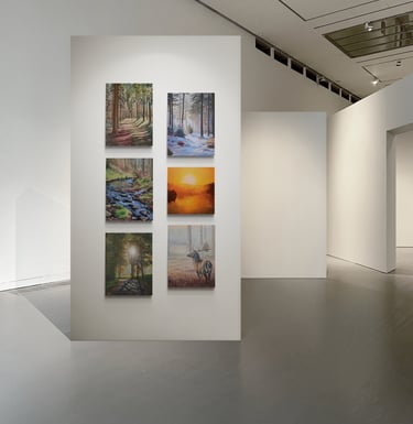a room with six of my landscape paintings on the wall in a gallery