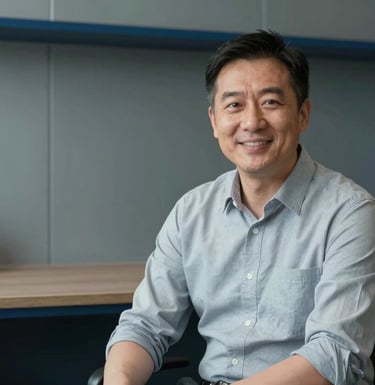 A professional portrait of an East Asian / Hong Kong / Greater Bay Area male consultant in his 40s, with a warm and approachable expression, sitting in a minimalist modern office with steel blue accents.