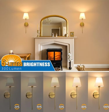 Dimmable brass wall sconces flanking a fireplace mirror with five adjustable brightness levels.