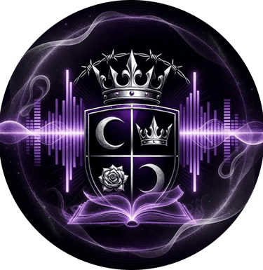Vaeloria's crest of 2 moons, a crown and rose set in a shield with wings. a crown under barbed wire sit at the top