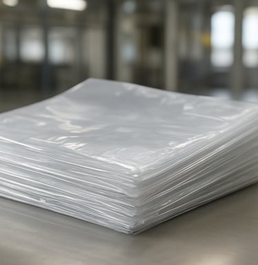 A sharp, professional photograph of a stack of transparent LDPE produce bags with retail-ready printing, reflecting light to show material thickness and quality, set in a bright industrial environment.