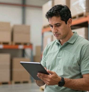 A professional South American / Latin American logistics expert reviewing inventory on a digital tablet in a bright warehouse with muted sage green and light warm off-white colors.