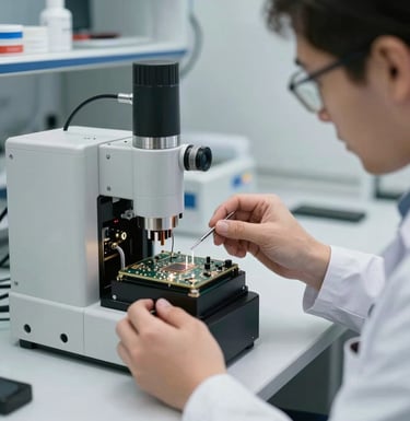 A professional in a white coat working on a high-precision electronic component of a cosmetic device in a clean, modern Erfurt laboratory. Focused lighting, technical excellence, Central European context.
