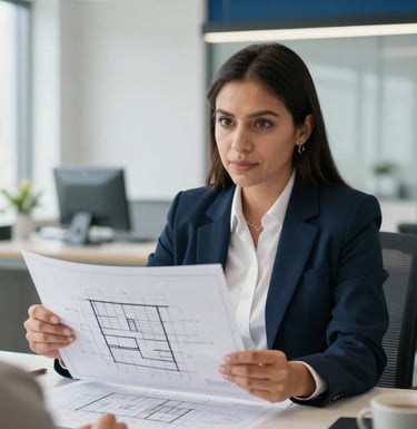 A professional in a modern Latin American / Mexican office in Veracruz showing architectural blueprints to a client. The setting is bright and professional with clean lines and dark navy blue accents.