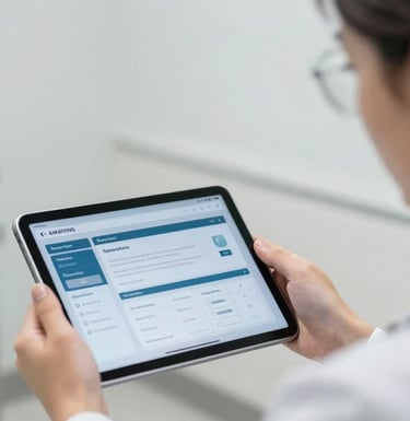 A professional medical specialist in a bright North American / Canadian clinic using a tablet with a sophisticated interface.