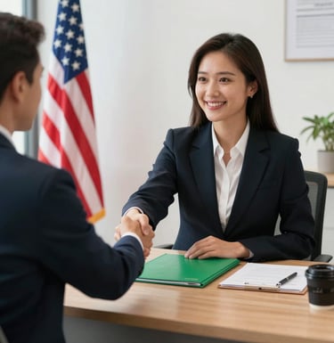 Photography of a professional immigration lawyer shaking hands with a client in a bright, modern office, a US flag and a forest green folder on the desk, Global / Hispanohablante con enfoque en EE. UU.