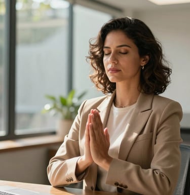 A confident professional woman in a modern South American / Brazilian office setting, practicing a brief moment of mindfulness with a calm expression. Soft sunlight filtering through leaves outside the window, wearing professional attire in earth tones.