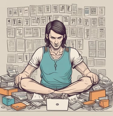 A focused man sitting cross-legged in a library or office surrounded by stacks of papers and sketches.